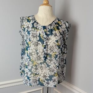 ANN TAYLOR Ruffle Sheer Green Floral Office Professional Scoop Neck Boho Top XL